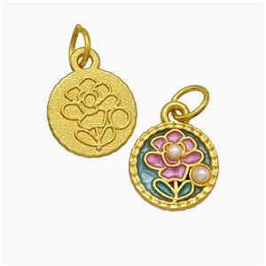 Copper Flower Pendant Pave Pearlized Resin Painted Gold Plated, approx 10.5mm
