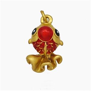 Tibetan Style Copper Fish Pendant Red Painted Gold Plated, approx 12-16mm