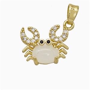Copper Crab Pendant Pave Zirconia White Jade Gold Plated, approx 12-14mm