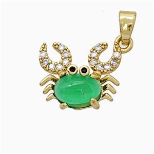 Copper Crab Pendant Pave Zirconia Green Jade Gold Plated, approx 12-14mm