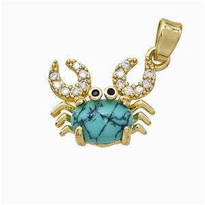 Copper Crab Pendant Pave Zirconia Blue Dye Howlite Gold Plated, approx 12-14mm