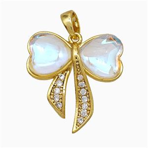 Copper Bow Pendant Pave Zirconia Acrylic Gold Plated, approx 18-20mm