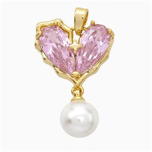 Copper Heart Pendant Pave Zirconia Pearlized Resin Gold Plated, approx 8mm, 15-17mm
