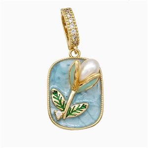 Copper Flower Pendant Pave Pearlized Resin Blue Painted Gold Plated, approx 16-20mm, 8-12mm