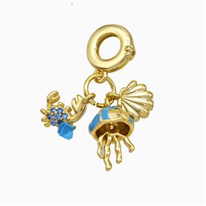 Copper Crab Jellyfish Scallop Shell Pendant Blue Painted Gold Plated, approx 8-10mm, 9mm dia