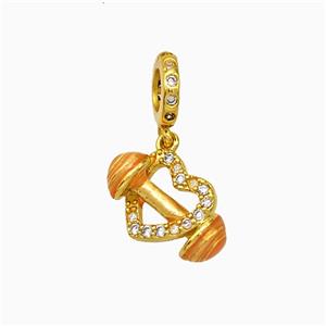 Copper Heart Dumbbell Pendant Pave Zirconia Orange Painted Gold Plated, approx 10-15mm, 8mm dia