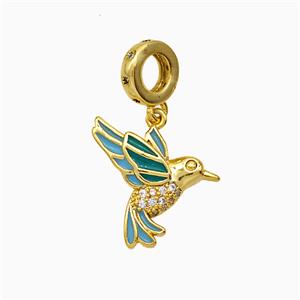 Copper Birds Pendant Pave Zirconia Green Enamel Gold Plated, approx 15-17mm, 8mm dia