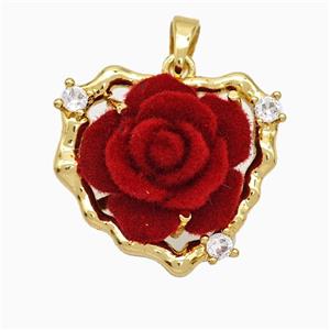 Copper Heart Pendant Pave Zirconia Resin Flower Gold Plated, approx 20mm