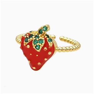 Copper Strawberry Rings Pave Zirconia Red Enamel Gold Plated, approx 11-15mm, 18mm dia