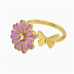 Copper Flower Butterfly Rings Pave Zirconia Pink Enamel Gold Plated, approx 8-10mm, 15mm, 18mm dia