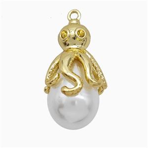 Copper Octopus Pendant Pave Pearlized Resin Cuttlefish Gold Plated, approx 13-22mm