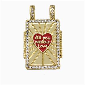 Copper Tarot Card Pendant Micropave Zirconia Red Enamel Heart 2loops Rectangle Gold Plated, approx 17-26mm