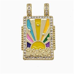 Copper Tarot Card Pendant Micropave Zirconia Multicolor Enamel Sun 2loops Gold Plated, approx 17-26mm
