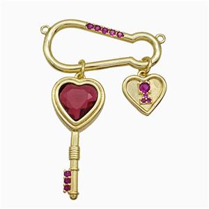 Copper Key Heart Pendant Pave Zirconia 2loops Gold Plated, approx 11mm, 13-30mm, 10-30mm