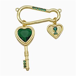 Copper Key Heart Pendant Pave Zirconia 2loops Gold Plated, approx 11mm, 13-30mm, 10-30mm