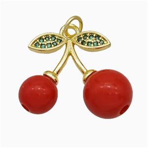 Copper Cherry Pendant Pave Zirconia Red Resin Gold Plated, approx 18-23mm