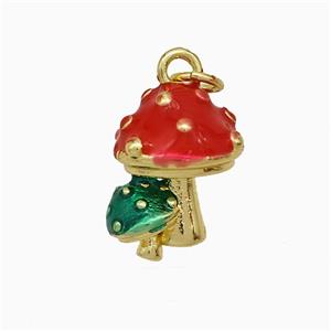 Copper Mushroom Pendant Red Enamel Gold Plated, approx 12-16mm