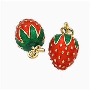 Copper Strawberry Pendant Red Enamel Gold Plated, approx 10-16mm