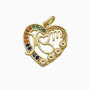 Copper Heart Pendant Pave Zirconia Mom Gold Plated, approx 15mm