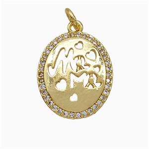 Copper Oval Heart Pendant Pave Zirconia Mama Gold Plated, approx 15-18mm