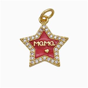Copper Star Pendant Pave Zirconia Red Enamel Mama Gold Plated, approx 15mm