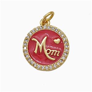 Copper Circle Pendant Pave Zirconia Red Enamel Mom Gold Plated, approx 14mm