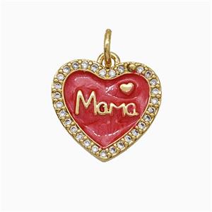 Copper Heart Pendant Pave Zirconia Red Enamel Mama Gold Plated, approx 14mm