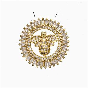 Copper Honeybee Pendant Pave Zirconia Circle Gold Plated, approx 30mm