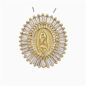 Copper Virgin Mary Pendant Pave Zirconia Oval Gold Plated, approx 27-30mm