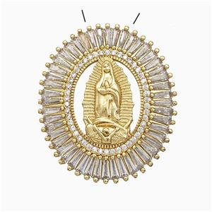 Copper Virgin Mary Pendant Pave Zirconia Oval Gold Plated, approx 32-37mm