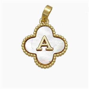 Copper Clover Pendant Pave Shell Letter-A 18K Gold Plated, approx 16mm