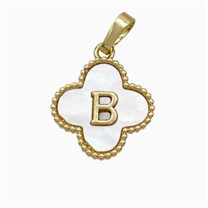 Copper Clover Pendant Pave Shell Letter-B 18K Gold Plated, approx 16mm
