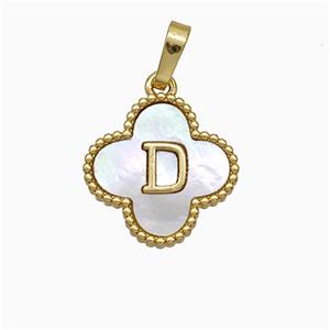 Copper Clover Pendant Pave Shell Letter-D 18K Gold Plated, approx 16mm