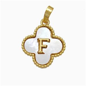 Copper Clover Pendant Pave Shell Letter-F 18K Gold Plated, approx 16mm