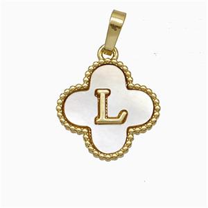 Copper Clover Pendant Pave Shell Letter-L 18K Gold Plated, approx 16mm