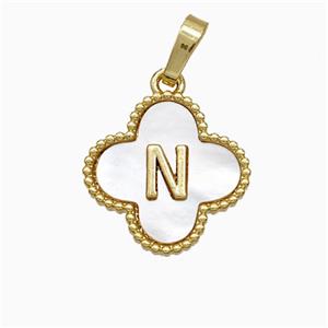 Copper Clover Pendant Pave Shell Letter-N 18K Gold Plated, approx 16mm