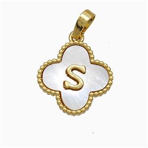 Copper Clover Pendant Pave Shell Letter-S 18K Gold Plated, approx 16mm