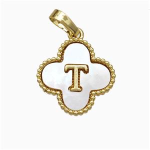 Copper Clover Pendant Pave Shell Letter-T 18K Gold Plated, approx 16mm