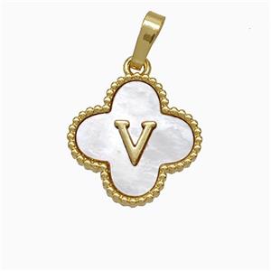 Copper Clover Pendant Pave Shell Letter-V 18K Gold Plated, approx 16mm