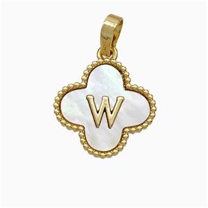 Copper Clover Pendant Pave Shell Letter-W 18K Gold Plated, approx 16mm