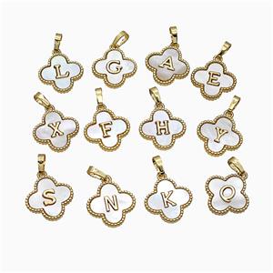 Copper Clover Alphabet Pendant Pave Shell 18K Gold Plated Mix Letters, approx 16mm