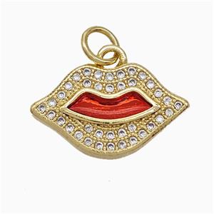 Copper Lips Pendant Pave Zirconia Red Painted 18K Gold Plated, approx 10-18mm