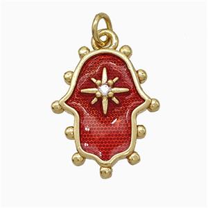Copper Hamsahand Pendant Pave Zirconia Red Painted 18K Gold Plated, approx 16-20mm