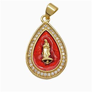 Copper Jesus Teardrop Pendant Pave Zirconia Red Painted 18K Gold Plated, approx 15-21mm