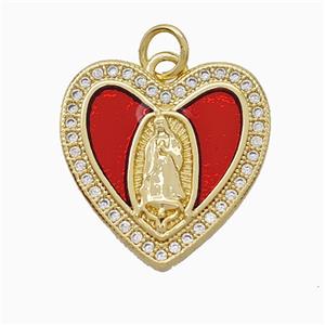 Copper Jesus Heart Pendant Pave Zirconia Red Painted 18K Gold Plated, approx 18mm