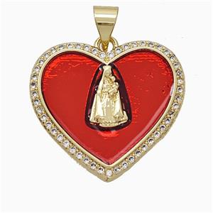 Copper Virgin Mary Heart Pendant Pave Zirconia Red Painted 18K Gold Plated, approx 20-22mm