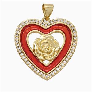 Copper Flower Heart Pendant Pave Zirconia Red Painted 18K Gold Plated, approx 21-22mm