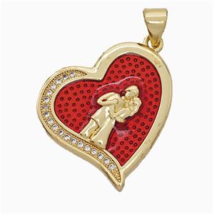 Copper Couple Heart Pendant Pave Zirconia Red Painted 18K Gold Plated, approx 20-23mm
