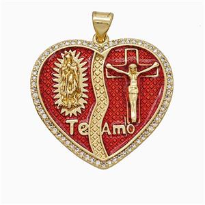Copper Jesus Heart Pendant Pave Zirconia Red Painted Ankh 18K Gold Plated, approx 25-28mm