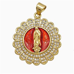 Copper Jesus Pendant Pave Zirconia Red Painted 18K Gold Plated, approx 23mm